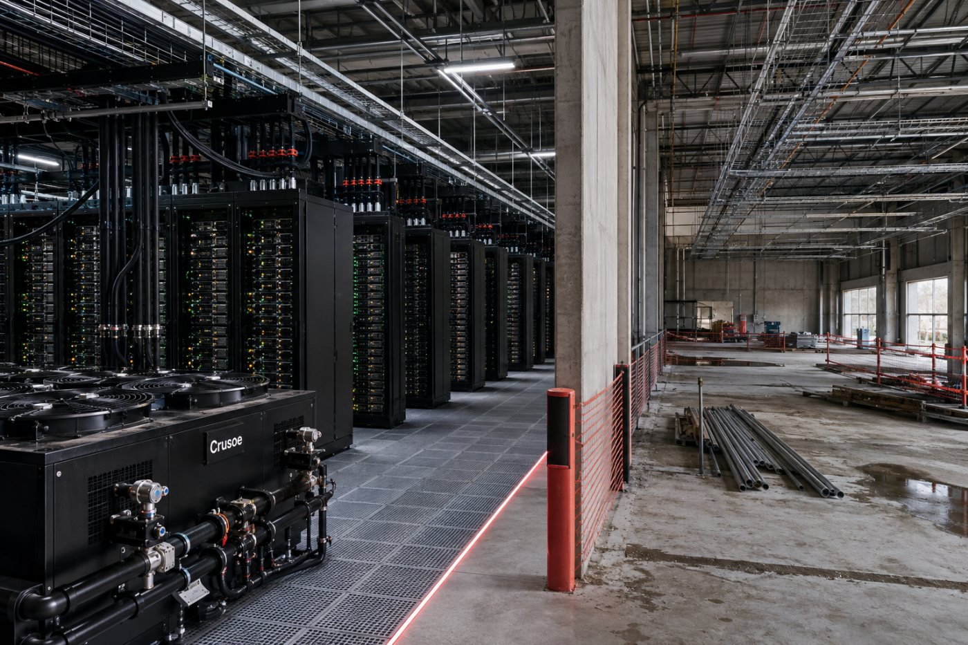 Crusoe computing capacity operating beside an unfinished data-center hall, distinguishing contracted demand from delivered infrastructure