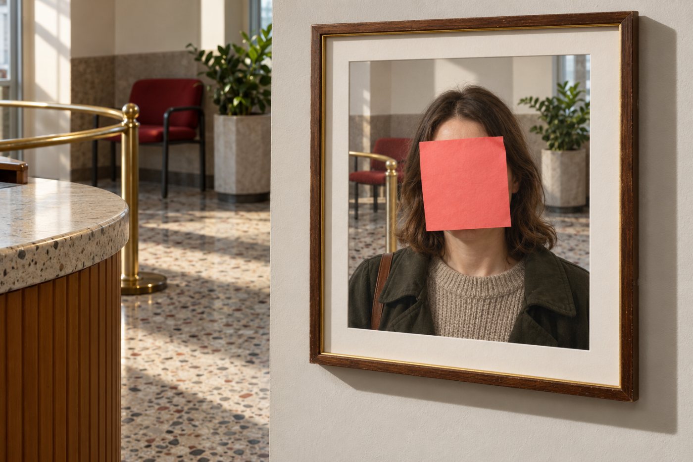 Zasłonięta twarz na fotografii klienta, przy zachowanym kontekście mogącym pomóc w identyfikacji.