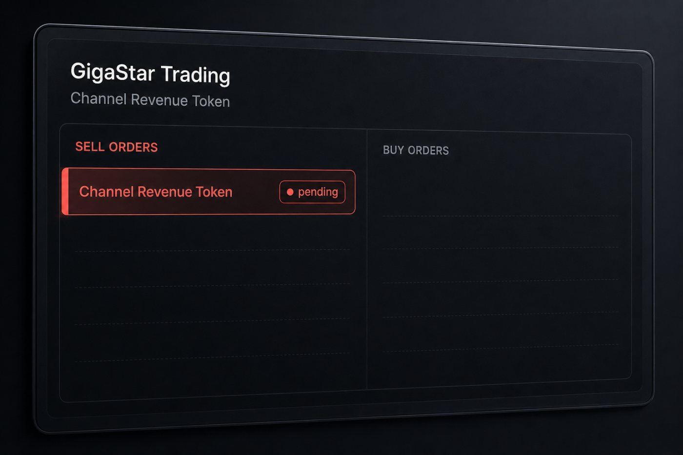 Lệnh bán Channel Revenue Token trên GigaStar Trading vẫn chờ vì chưa có người mua phù hợp.