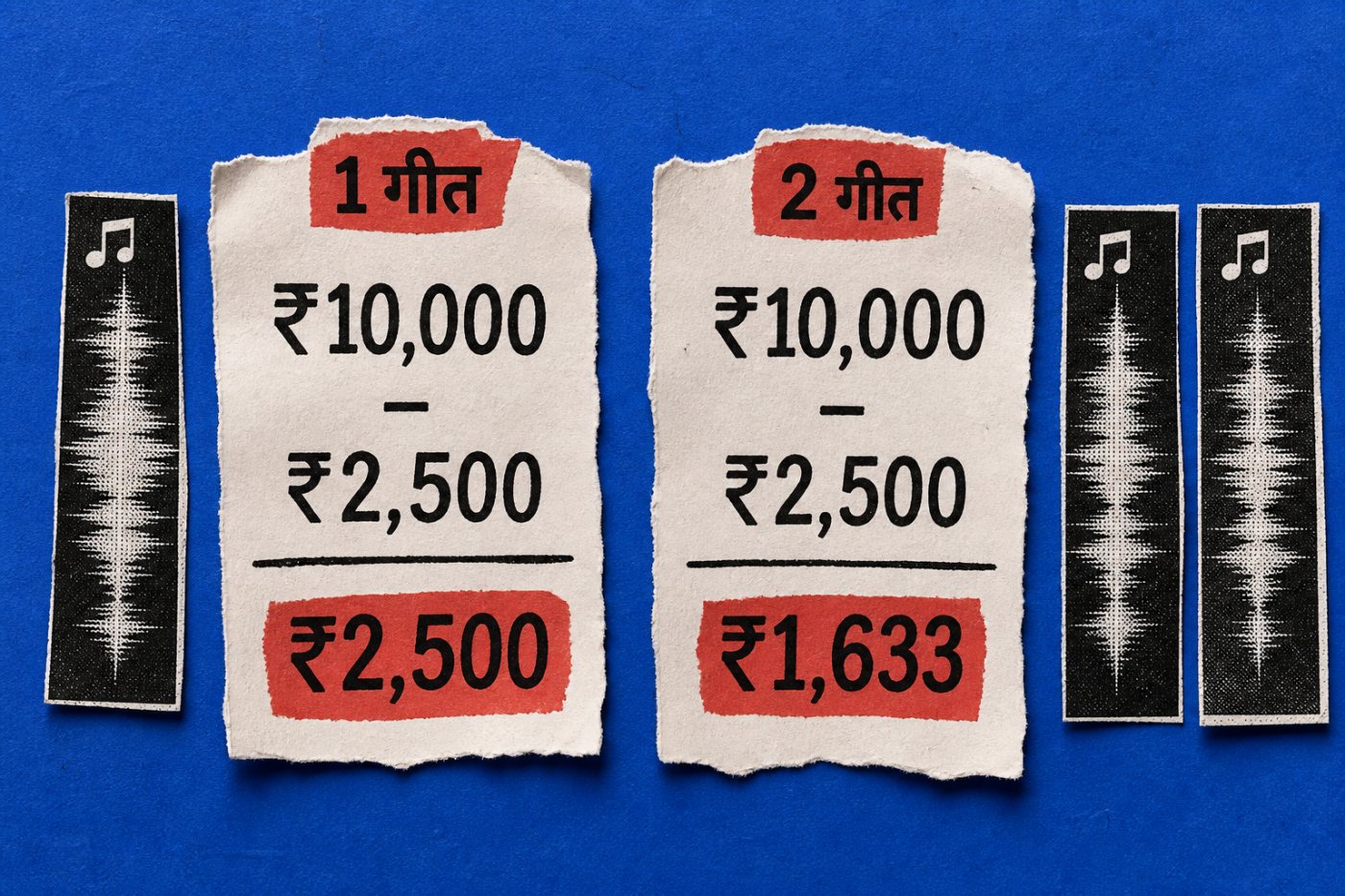 ₹10,000 की काल्पनिक आय में एक गीत पर ₹2,500 और दो गीतों पर लगभग ₹1,633 बचने की तुलना