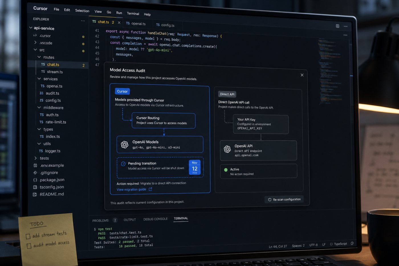 Cursor 제공 OpenAI 모델 경로와 별도 API 직접 호출 경로를 구분해 점검하는 개발 설정