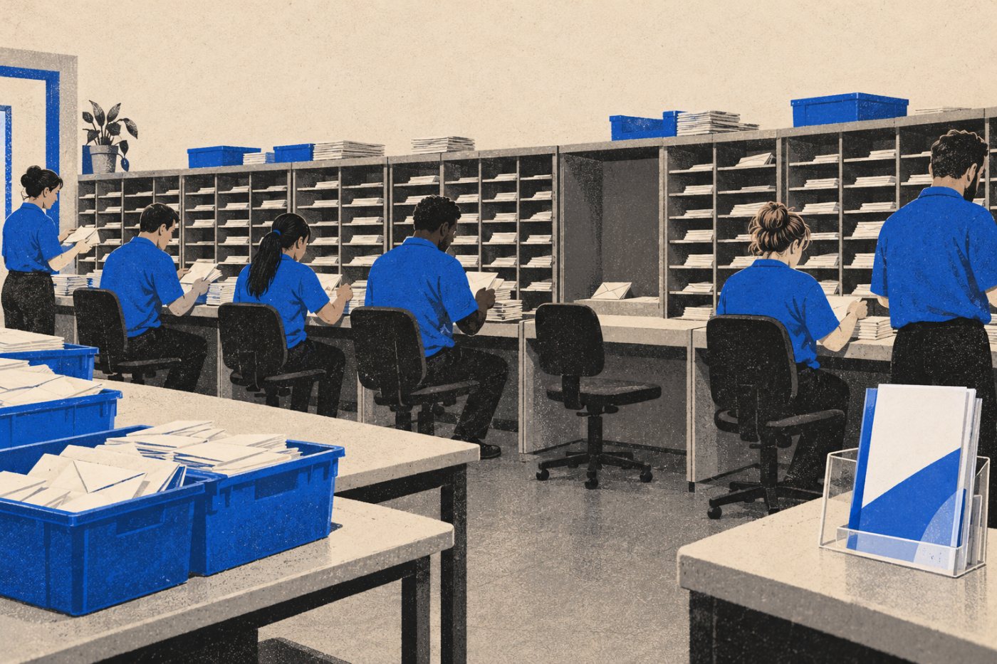 A UK clerical workplace continues operating beside the ONS business survey’s account of limited reported headcount reductions.