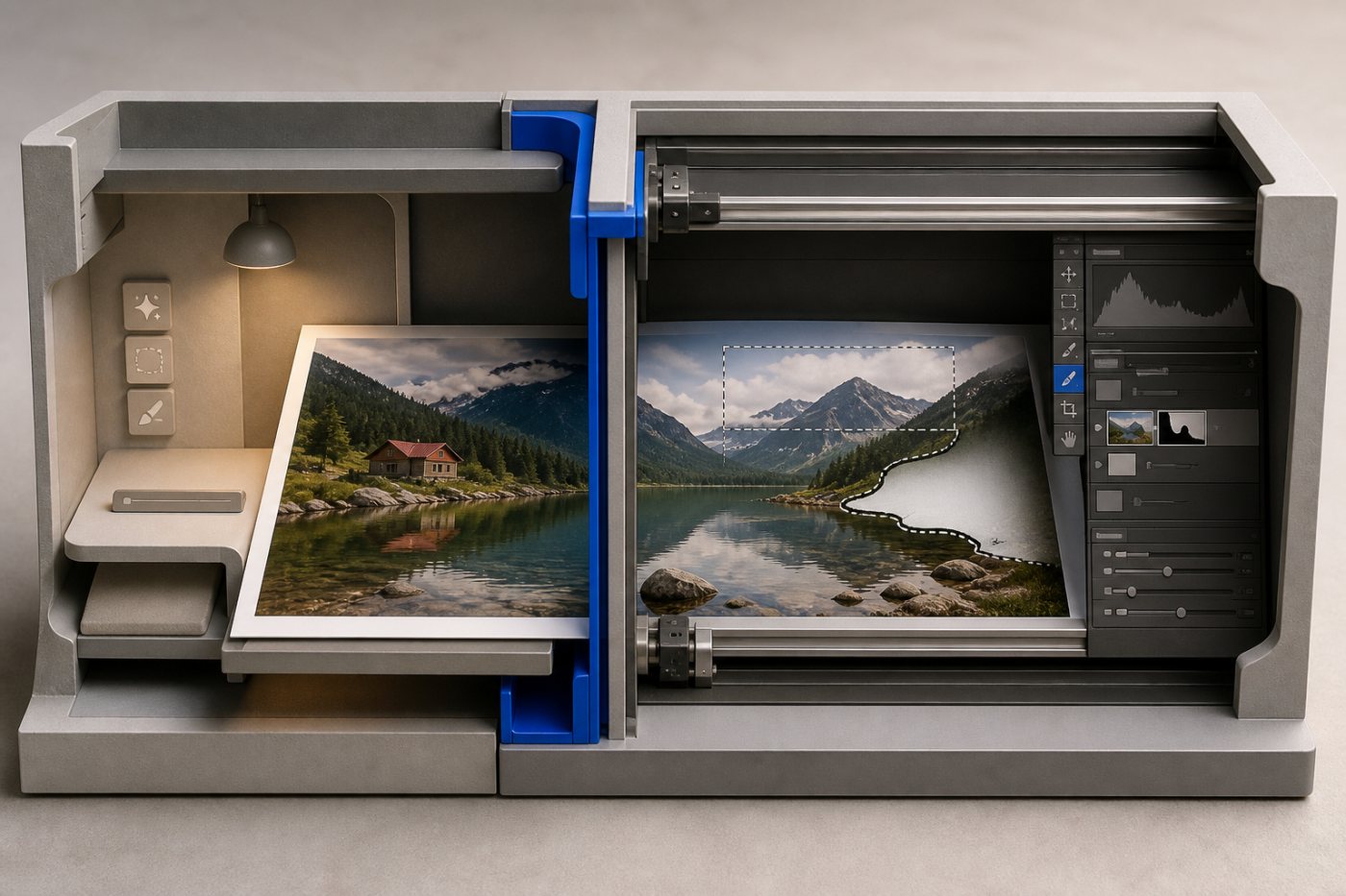 Un même document Photoshop accessible dans l’espace AI Assisted Editor optionnel et dans Pro Editor.