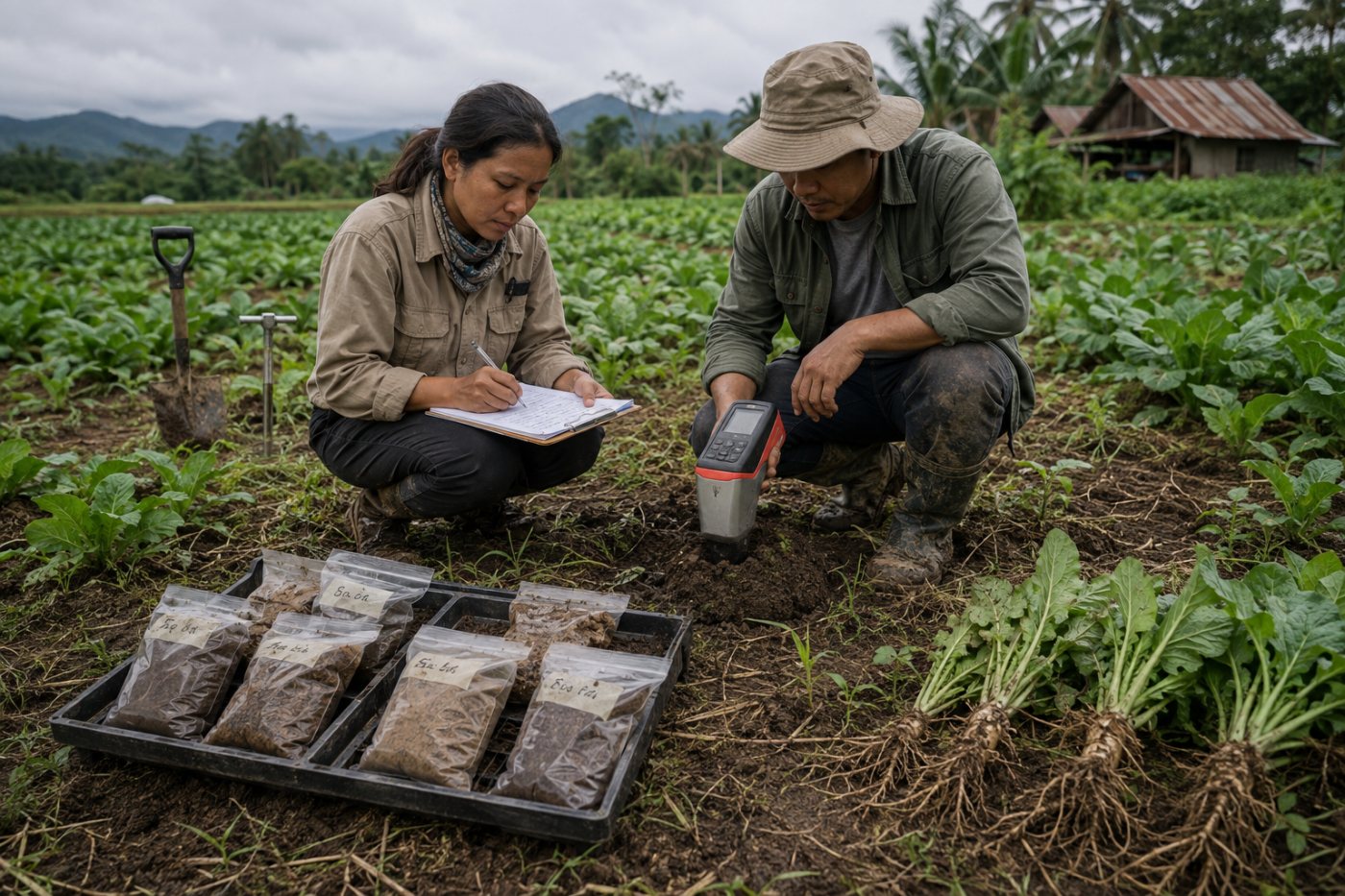 Análise portátil do solo com IA é comparada a amostras e observações agronômicas.