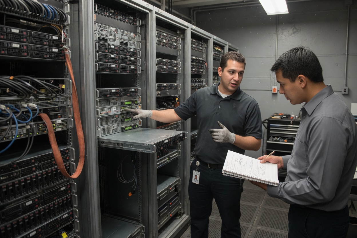 Colleagues reviewing server maintenance tasks with physical records