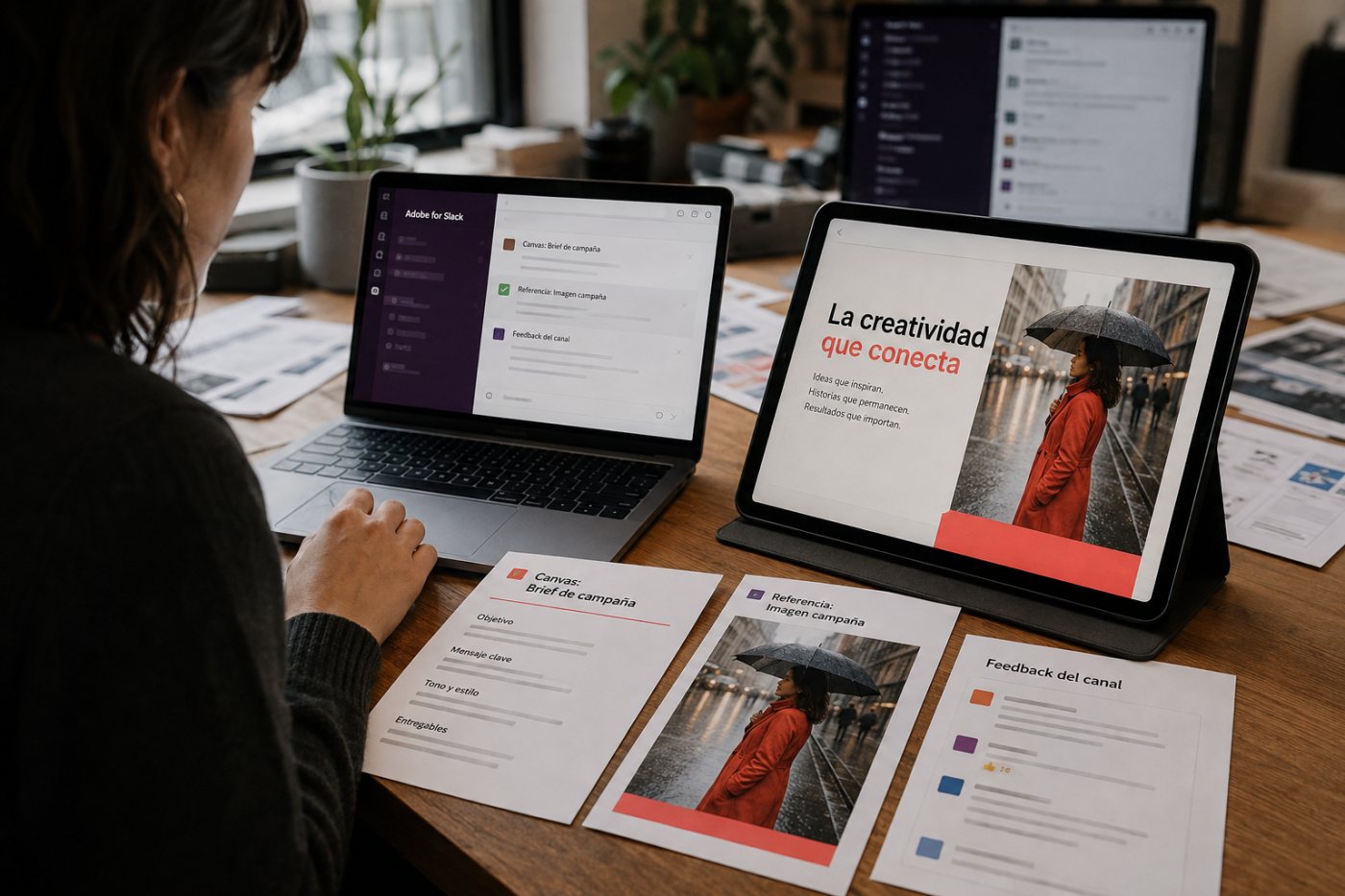 Slackbot utiliza el Canvas, un archivo y comentarios relevantes para preparar un documento con Adobe.