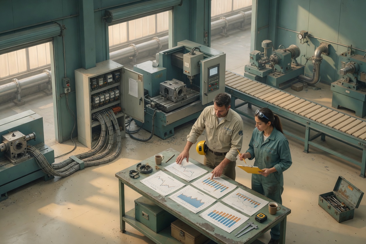 Manager and technician reviewing documents by factory machinery