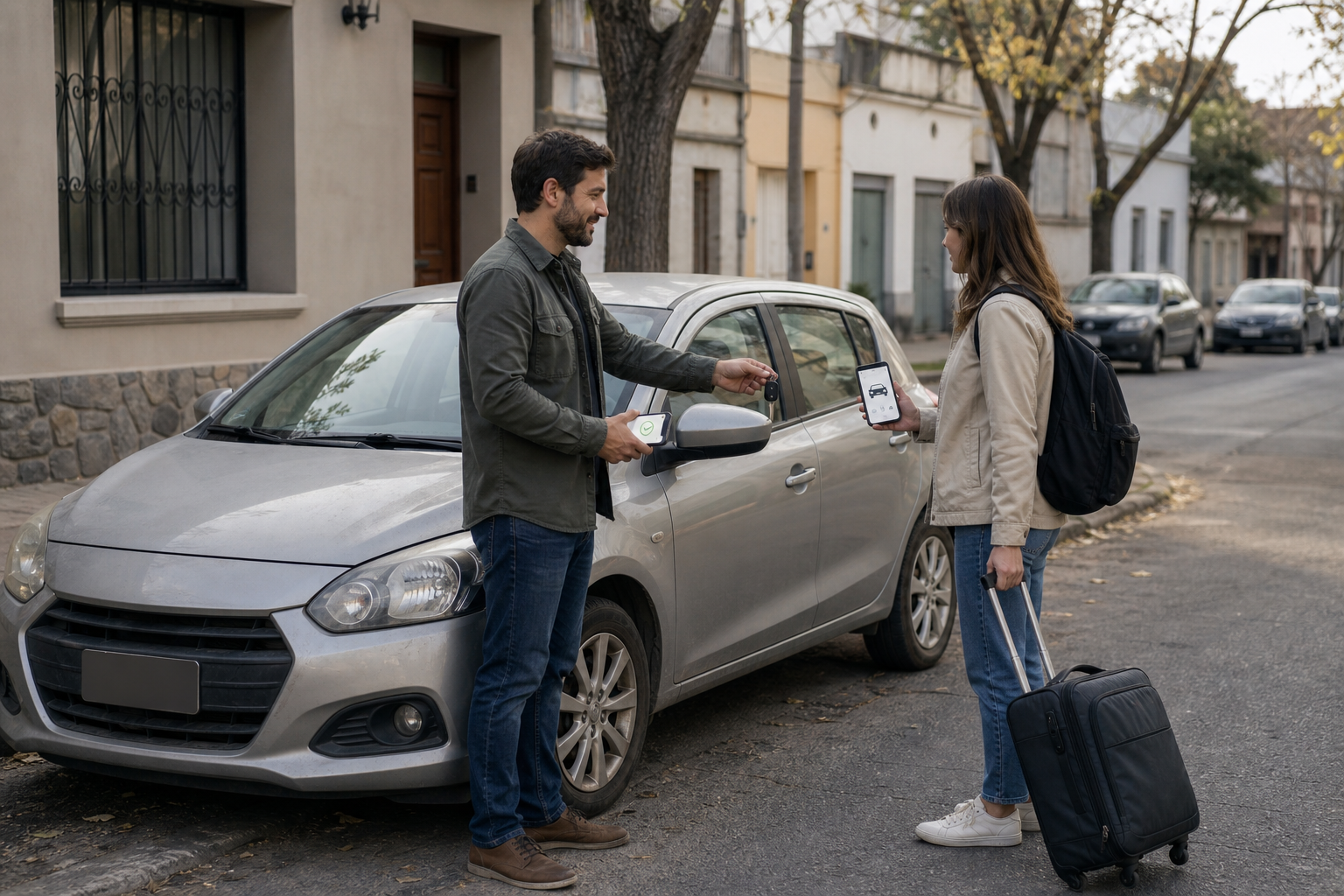 Peer-to-peer car handoff at a residential curb in Uruguay