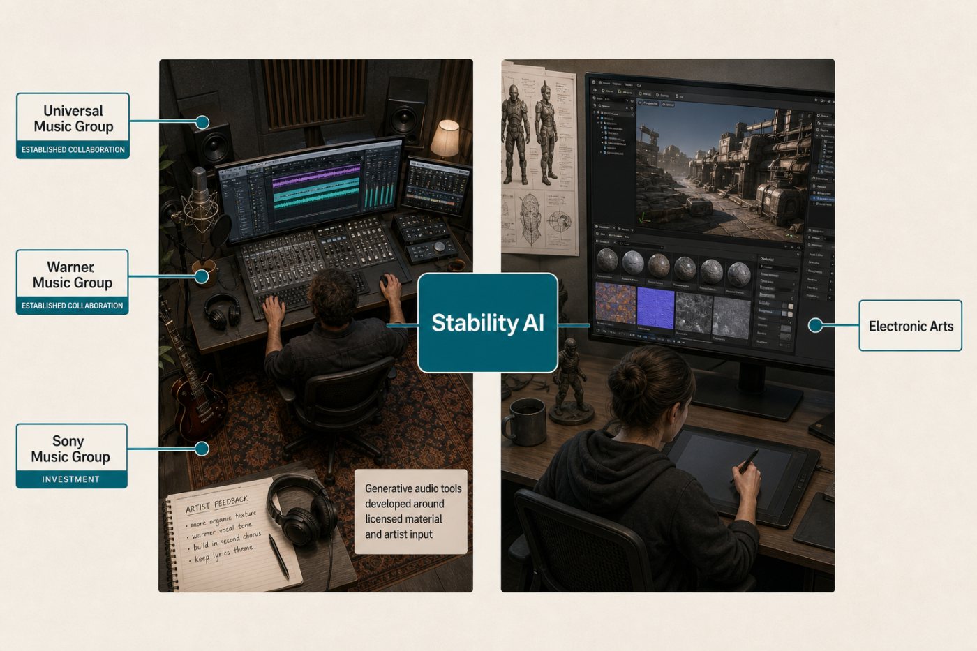 Licensed music production and EA game-development workflows behind Stability AI’s strategic investments.
