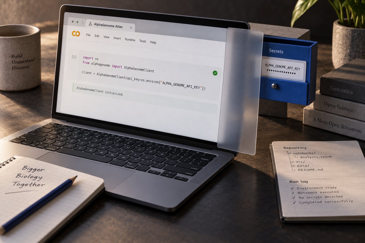 حفظ مفتاح AlphaGenome في أسرار Google Colab ثم إنشاء عميل Python من دون كشف المفتاح.