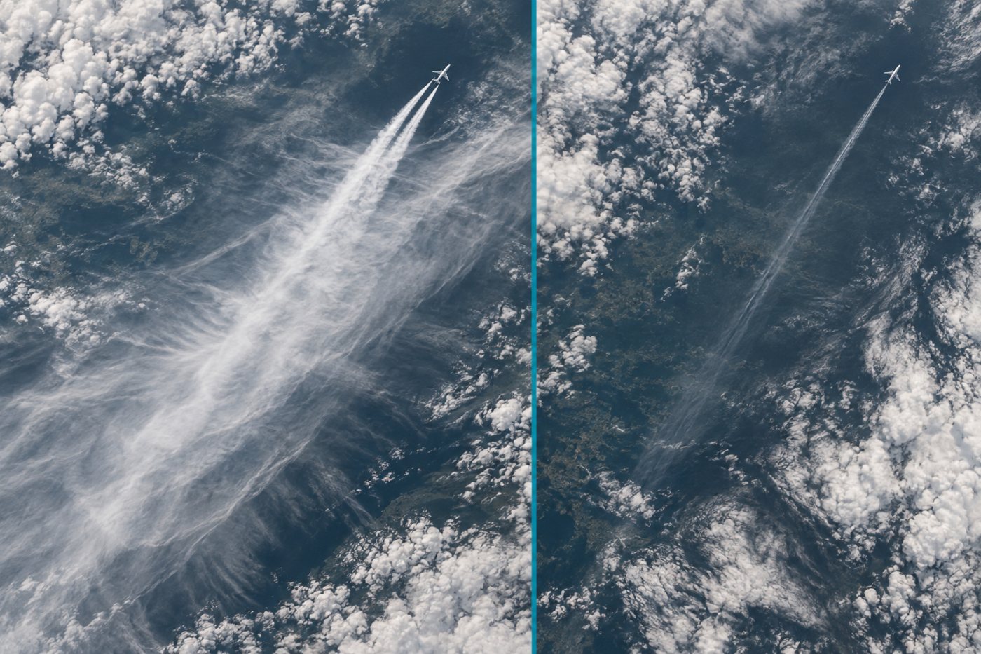 Satellite পর্যবেক্ষণে persistent contrail ও avoidance route-এর কম রেখার তুলনা, যা contrail warming-এর আনুমানিক হ্রাস বোঝায়