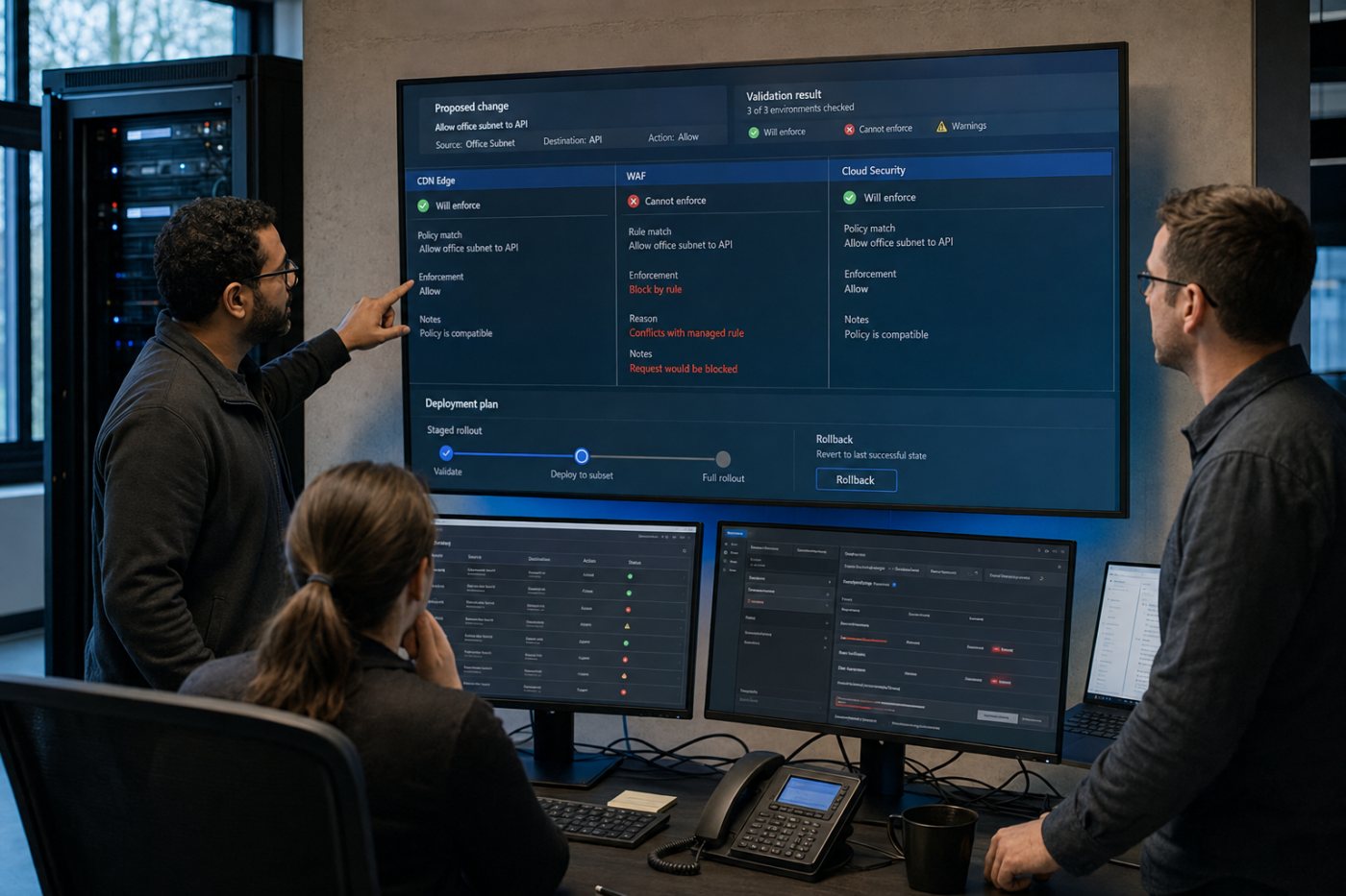 A cross-vendor edge policy is tested, a configuration conflict is exposed, and deployment remains reversible.