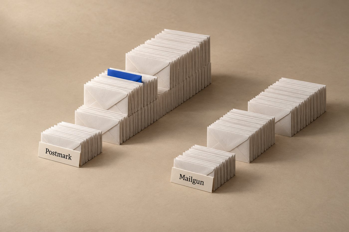 Reiknaður mánaðarkostnaður Postmark og Mailgun við 10.000, 50.000 og 100.000 sendingar.