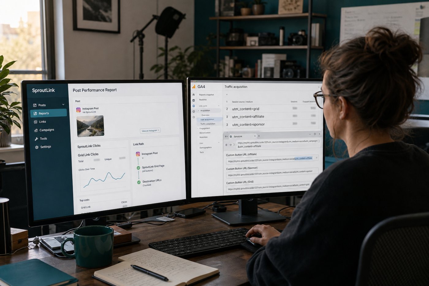 Klik grid Instagram masuk ke pelaporan pos, sedangkan tombol khusus memerlukan pelacakan eksternal melalui URL tujuan.