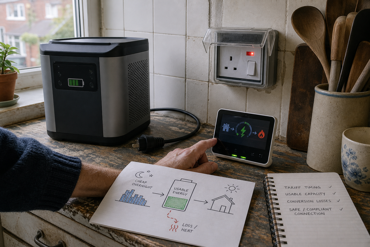 A household reviews tariff periods, battery capacity, compliance and safety before relying on a plug-in battery’s savings.