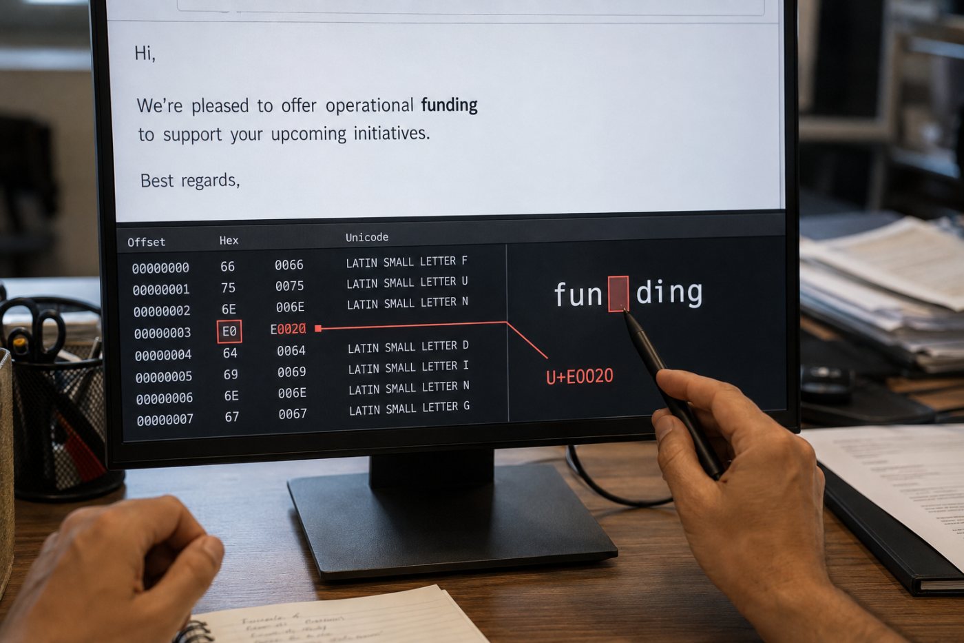 Perbandingan email yang tampak normal dengan susunan mentah berisi U+E0020 di tengah kata pemancing.