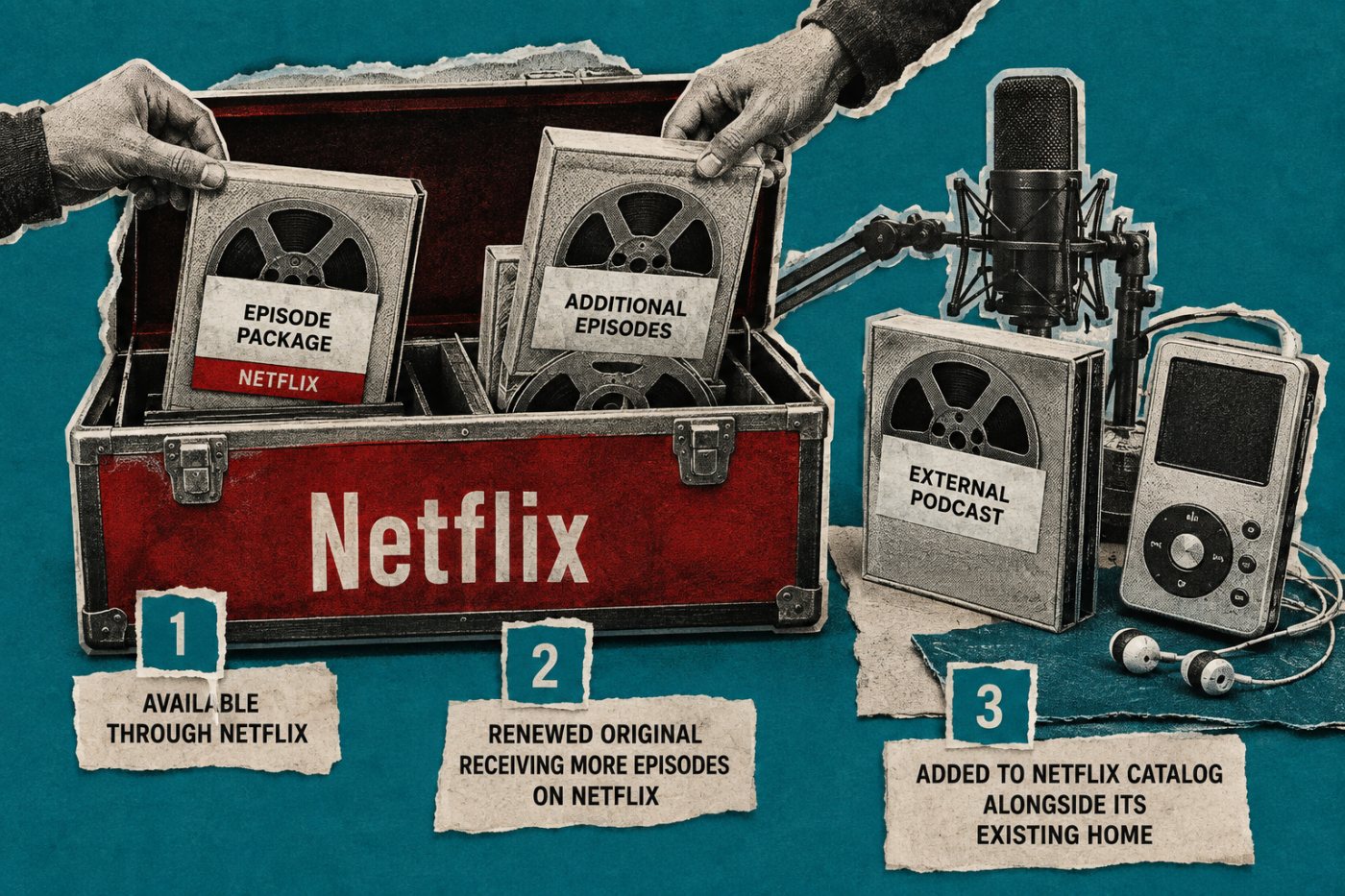 Tiga status podcast Netflix: orisinal eksklusif, acara yang mendapat episode tambahan, dan podcast eksternal dengan distribusi paralel.