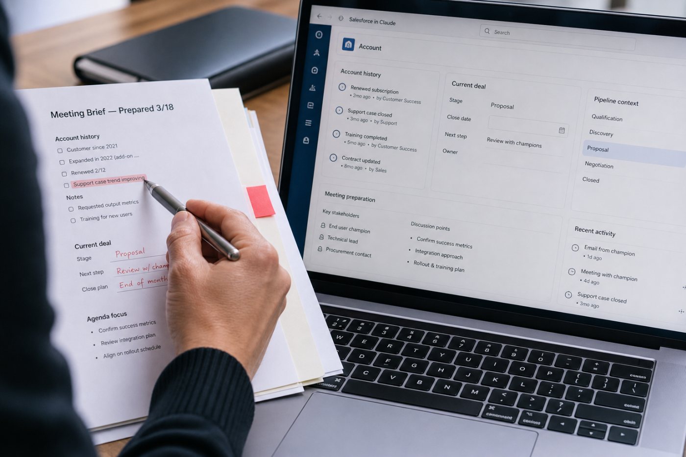 Salesforce in Claude собирает данные аккаунта, состояние сделки и контекст воронки для подготовки продавца к встрече.