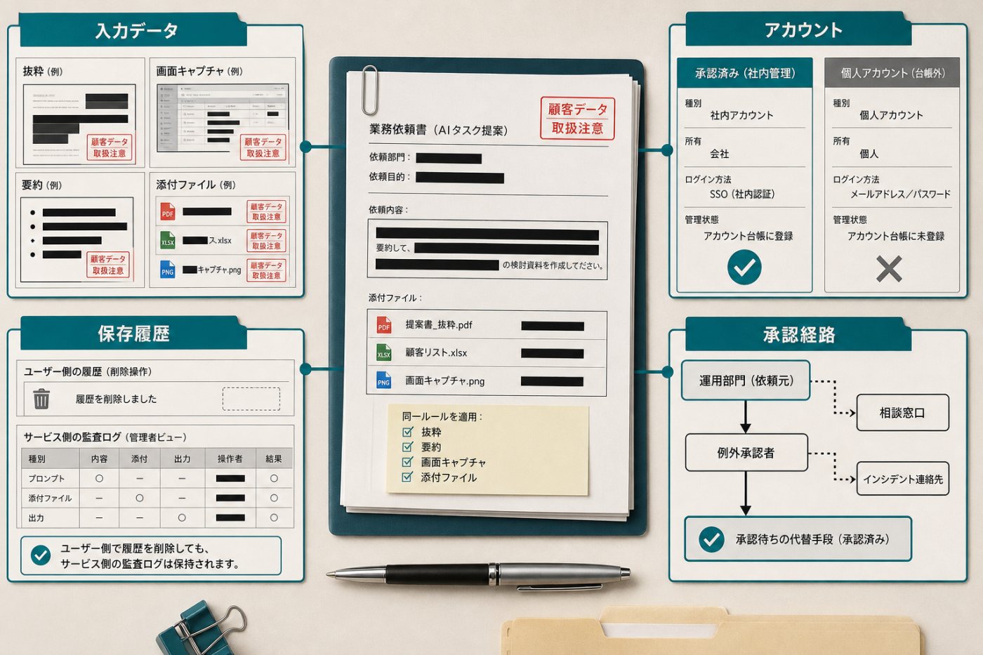 一つのAI業務申請を入力データ、アカウント、保存履歴、承認経路で確認する運用