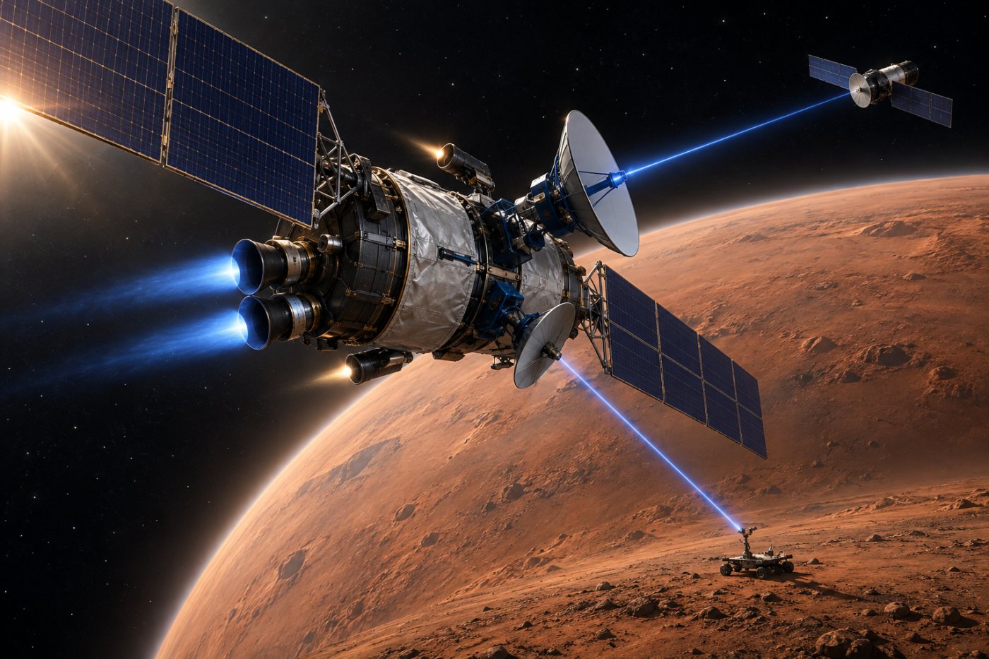 Der auf Blue Ring basierende Orbiter verbindet Marsfahrzeuge und nutzt eine hybride Antriebsarchitektur.