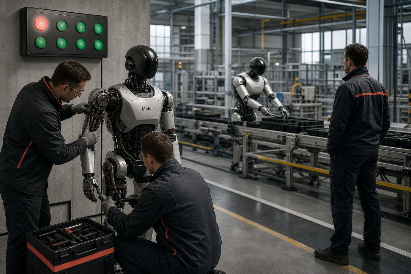 Ein Werksteam überwacht humanoide Roboter im Schichtbetrieb, während Wartung und laufender Flotteneinsatz koordiniert werden.