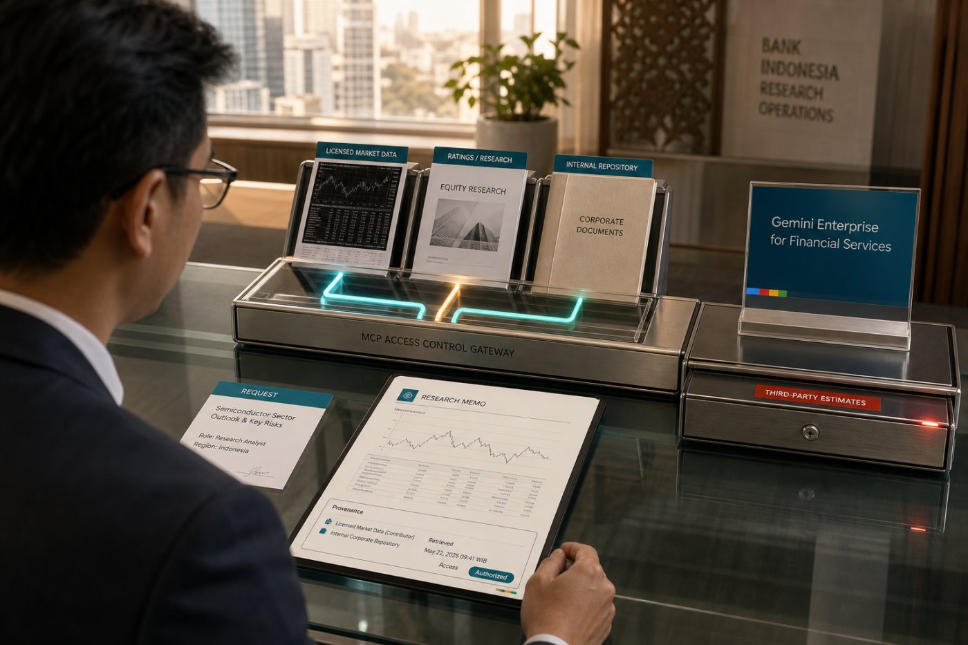 Konektor MCP membatasi akses data pasar dan dokumen internal sesuai izin institusi.