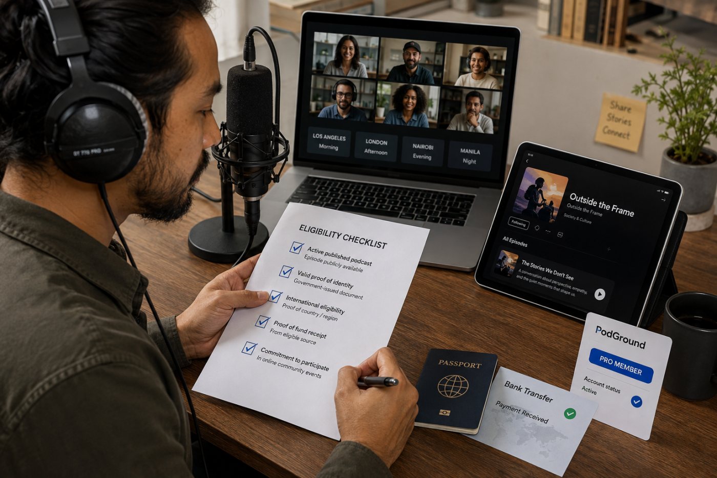 Vérification de l’admissibilité internationale d’un podcast déjà publié et de l’engagement aux événements virtuels de PodGround.