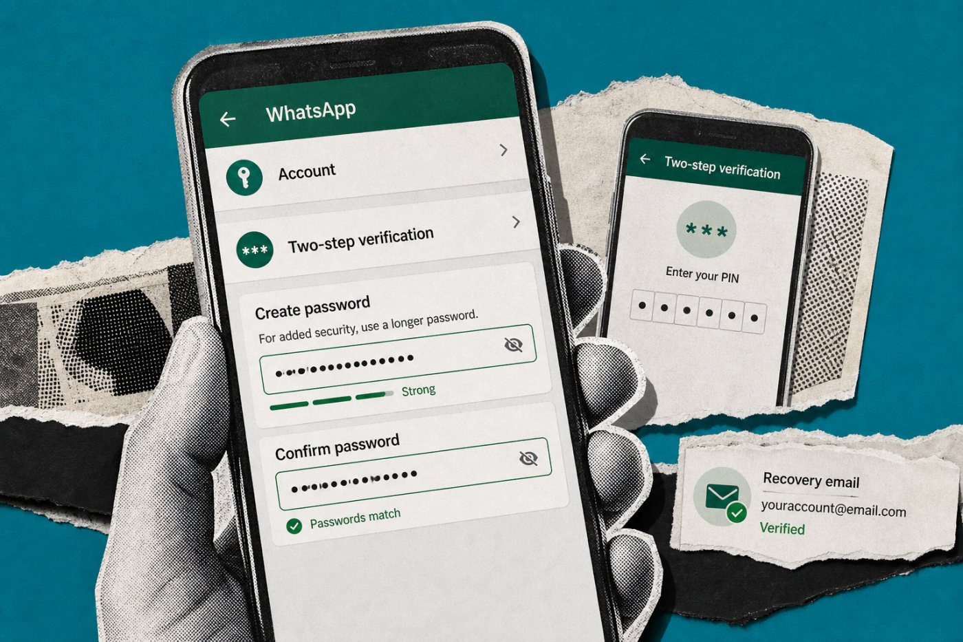 مسار ترقية PIN إلى كلمة مرور داخل إعدادات حساب WhatsApp خلال الطرح التدريجي.
