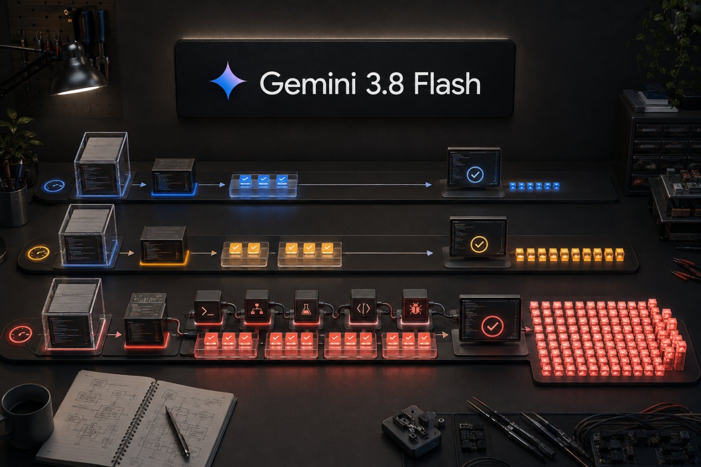 Gemini 3.8 Flash bearbeitet dieselbe Aufgabe in drei Denkstufen, wobei hoher Aufwand mehr Schritte und Tokens benötigt