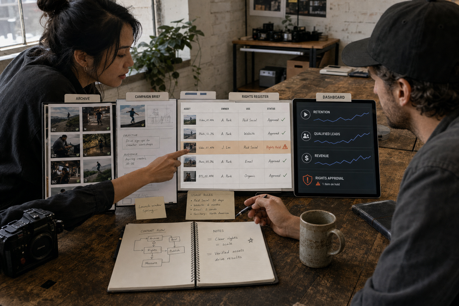 Creator and brand partner reviewing rights, attribution and revenue data for a content campaign.
