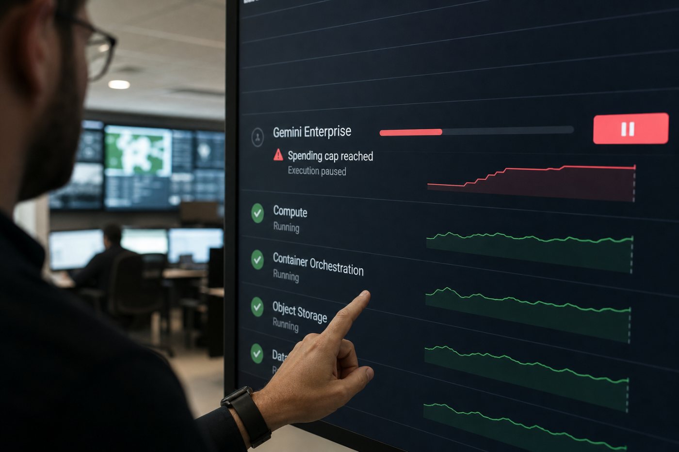 Alertas de orçamento antecedem a pausa das chamadas de um agente do Gemini Enterprise no limite mensal do projeto.