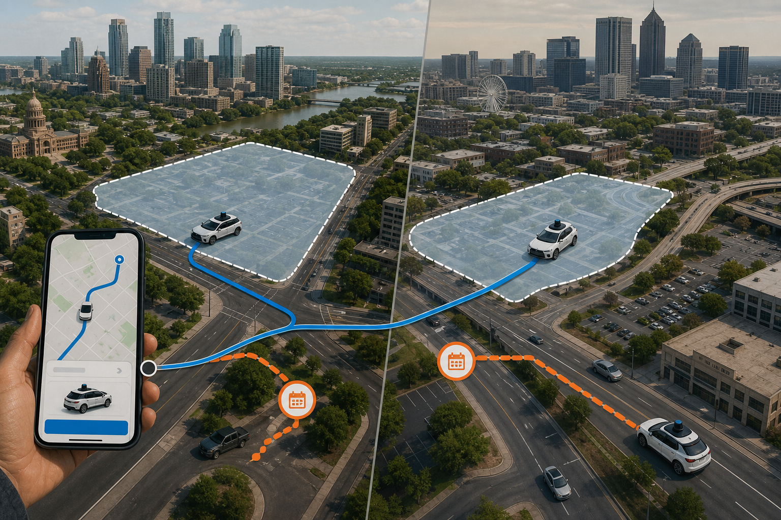 Waymo vehicles currently offered through Uber in Austin and Atlanta with a reported standalone app plan for January 2028