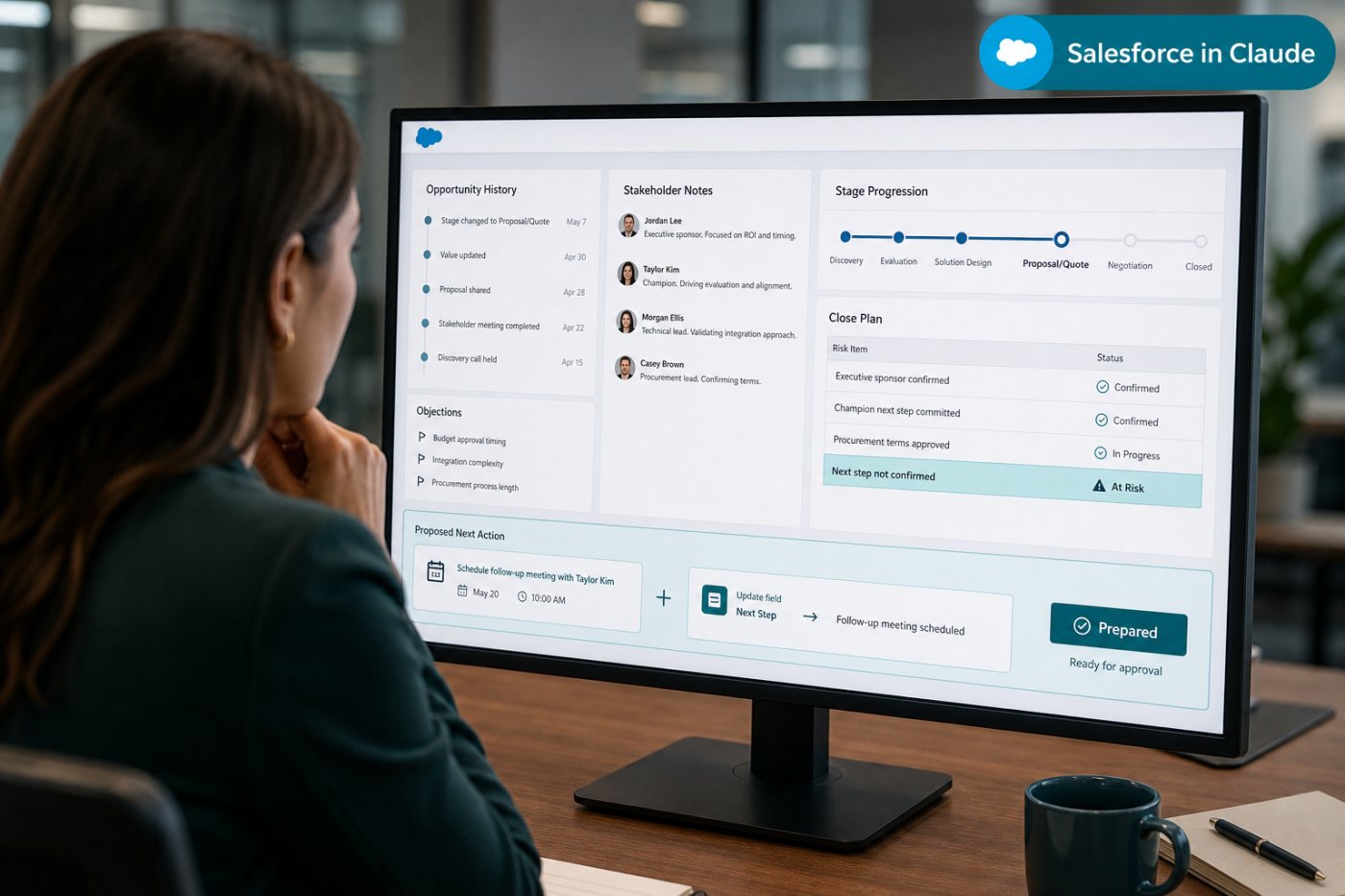 Salesforce in Claude میں opportunity context سے deal risk کی شناخت اور اگلے مجاز action کی تیاری