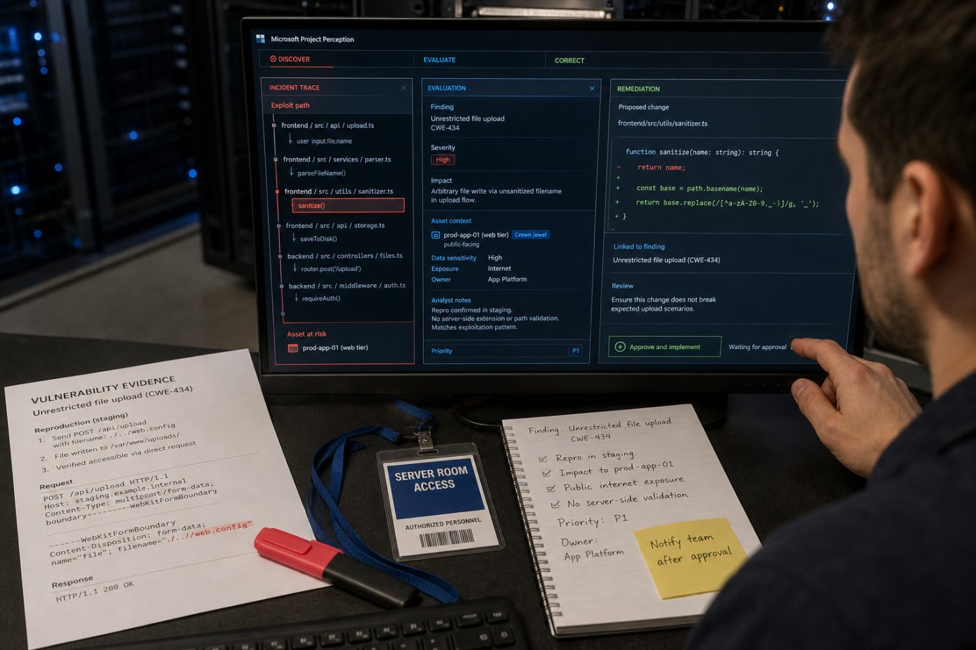 Project Perception distribuye un hallazgo entre agentes rojos, azules y verdes hasta generar una corrección pendiente de revisión humana.