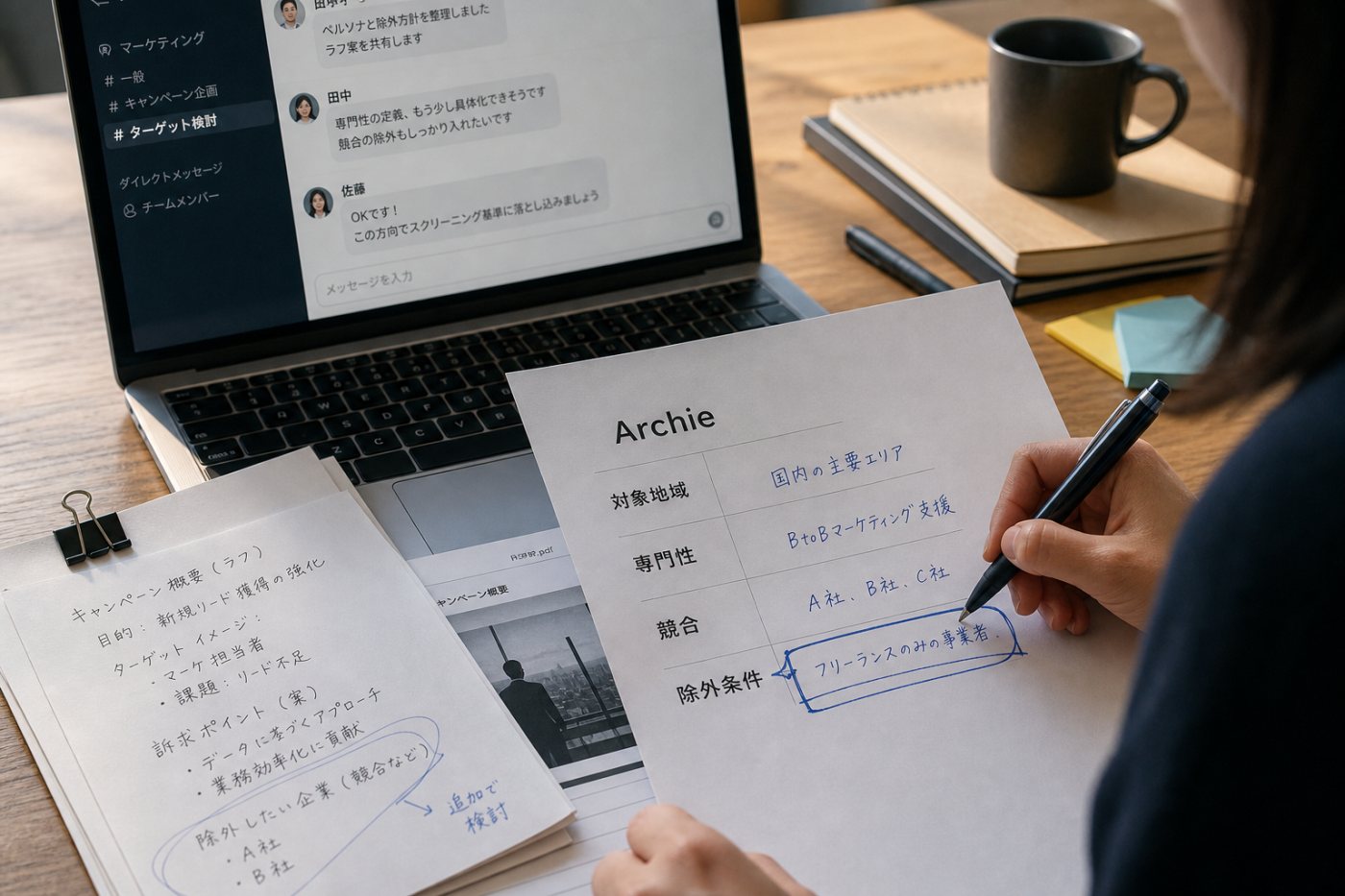 ArchieがSlackの案件概要を選定基準に変換し、担当者が検索前に確認する工程