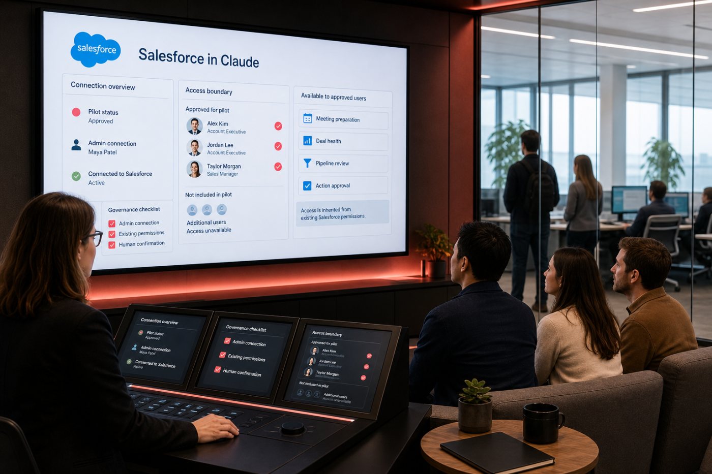 A central Salesforce in Claude connection grants governed workflow access only to approved pilot users.