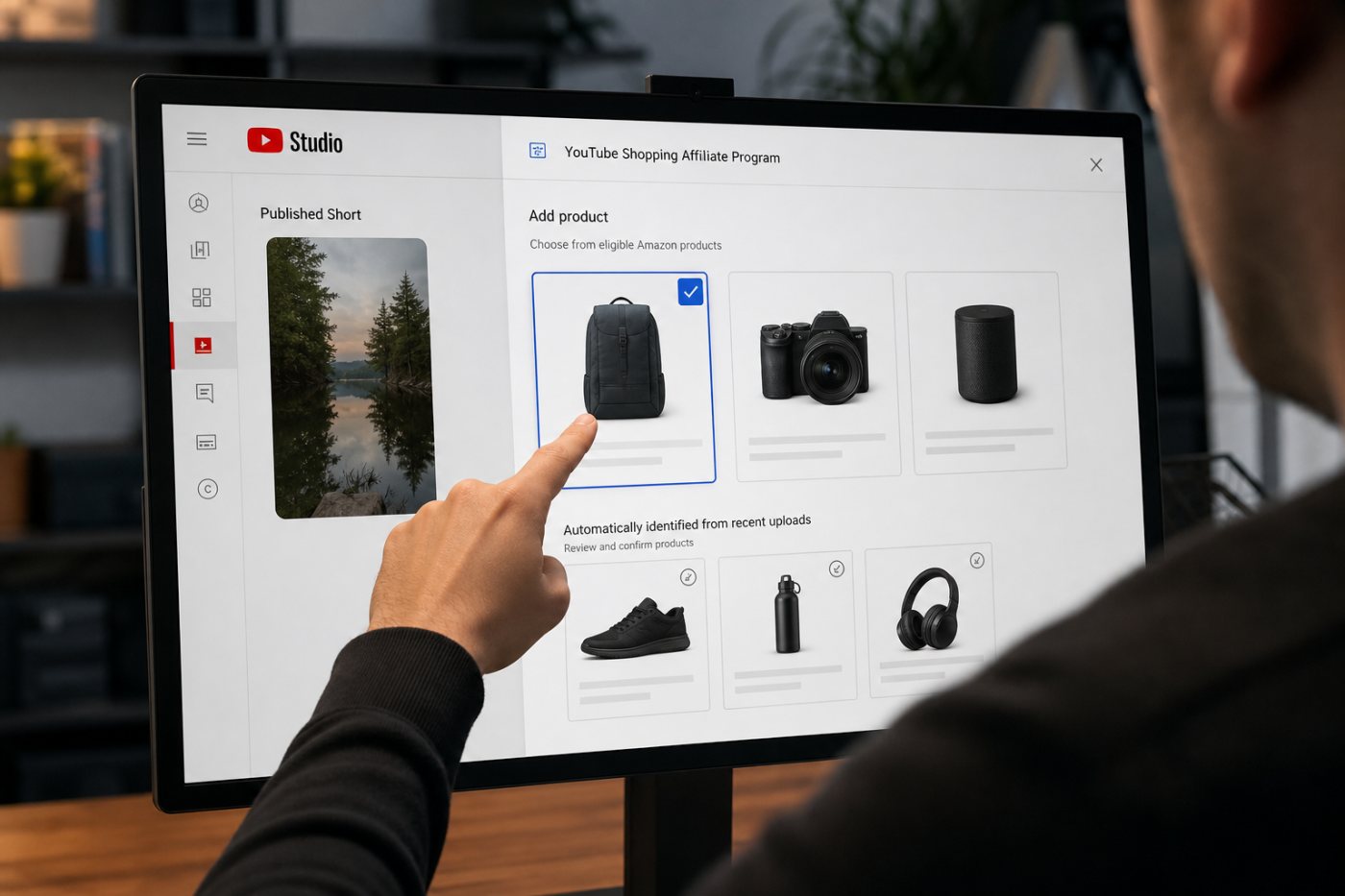 Creator chọn sản phẩm Amazon đủ điều kiện trong YouTube Studio và kiểm tra các thẻ được đề xuất tự động.
