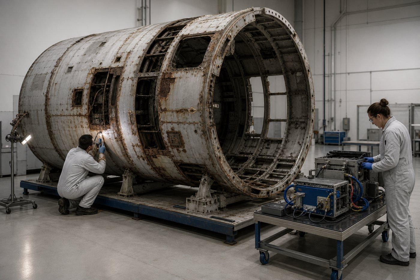 HALO’s pressurized structure is inspected while selected power and avionics systems are evaluated for surface reuse.