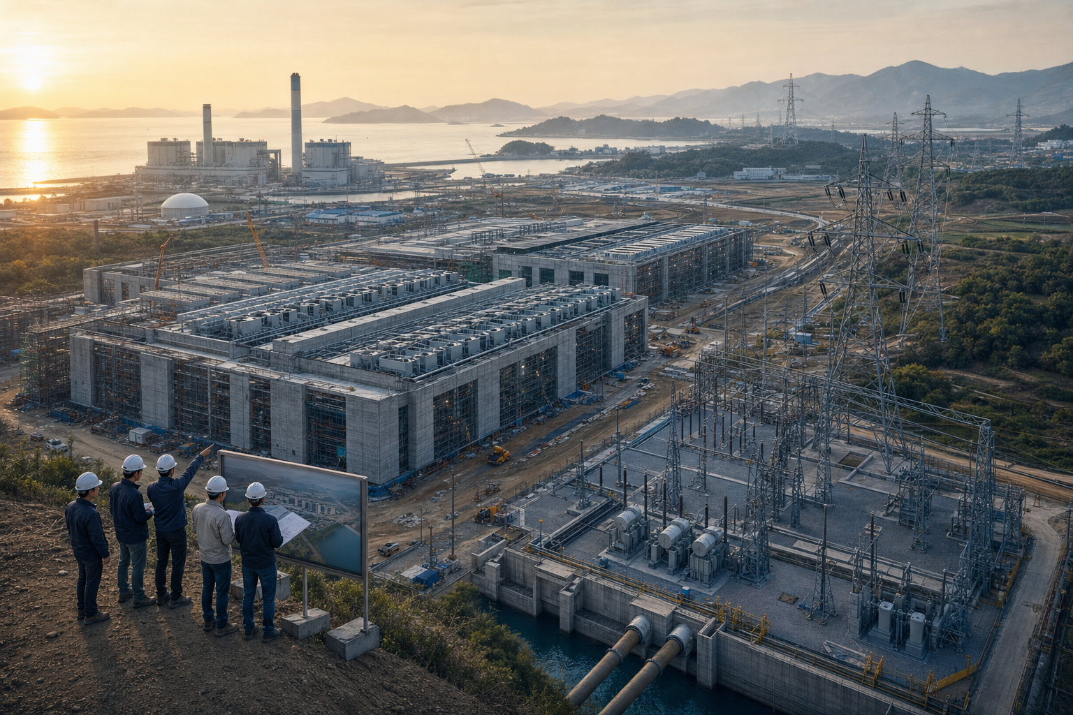 Semiconductor fabrication facilities under construction with utility infrastructure and engineers in South Korea