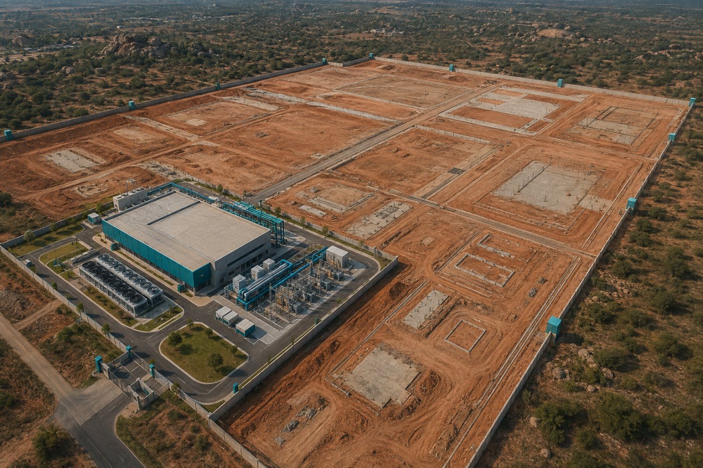 Implantação em fases deixa a maior parte do futuro campus disponível para expansão conforme a demanda.