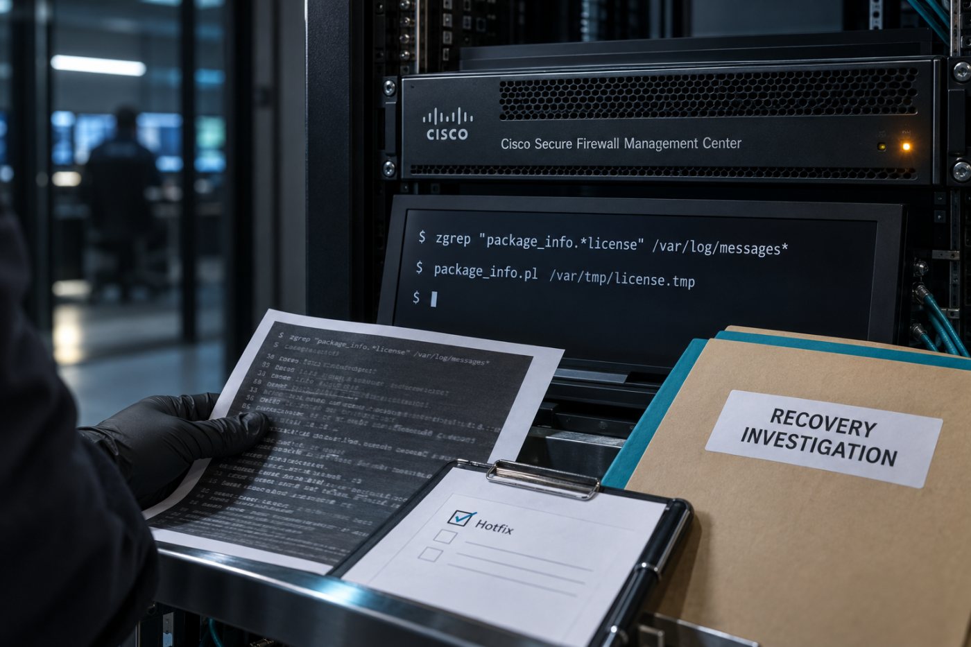 Cisco FMCで対象確認、ホットフィックス適用、指定ログ検査、侵害復旧へ進む判断フロー