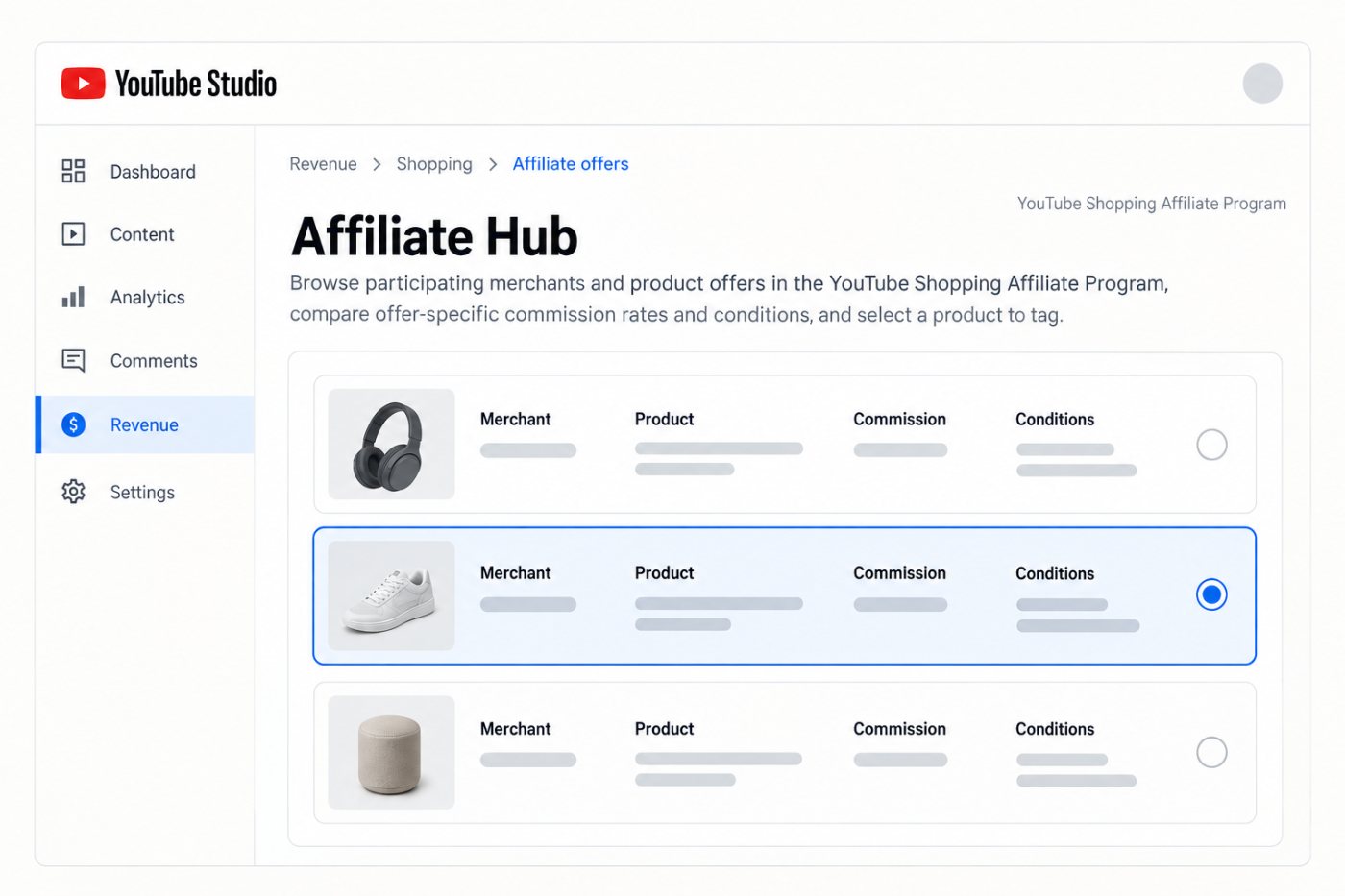 Canal elegível consulta comerciantes, ofertas e taxas de comissão no Affiliate Hub do YouTube Studio.