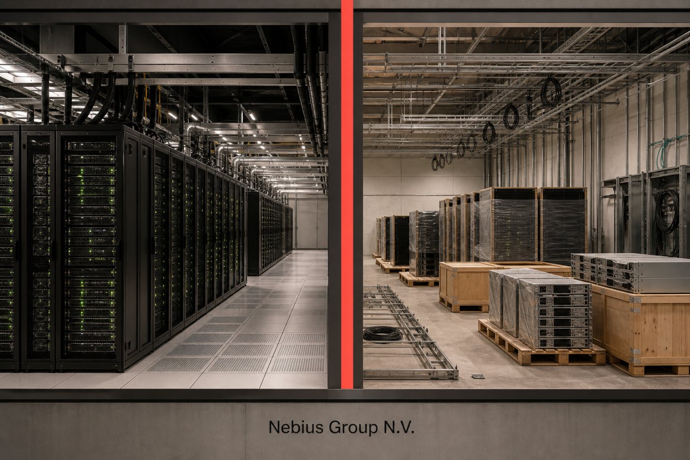 Clusters de GPUs em operação ao lado de equipamentos ainda não instalados mostram a diferença entre margem operacional e capex.
