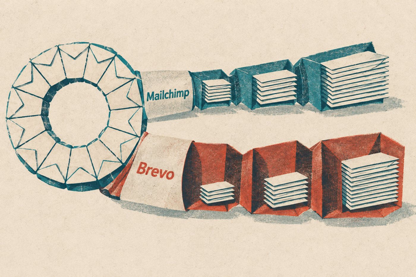 A Mailchimp és a Brevo eltérő szükséges keretei 10 000 kontakt és változó havi kampányszám mellett.