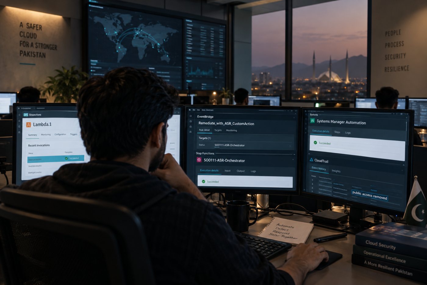 Lambda.1 remediation کی EventBridge سے Step Functions، Systems Manager Automation اور audit log تک مکمل trace