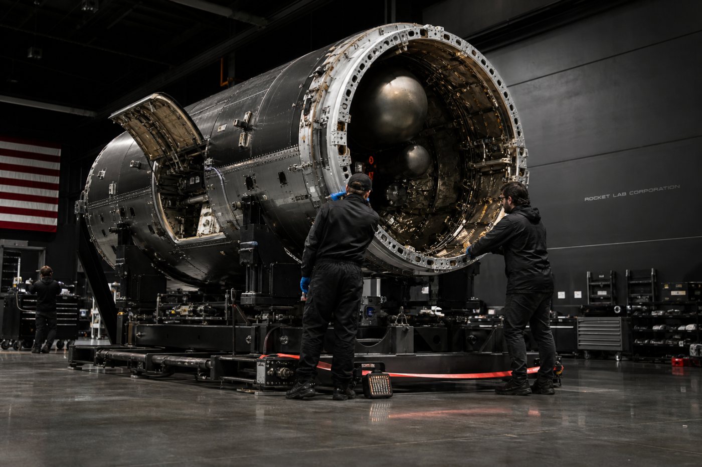 Hardware del primer Neutron en ensamblaje y pruebas, reflejo del gasto de desarrollo que mantiene la pérdida de Rocket Lab.