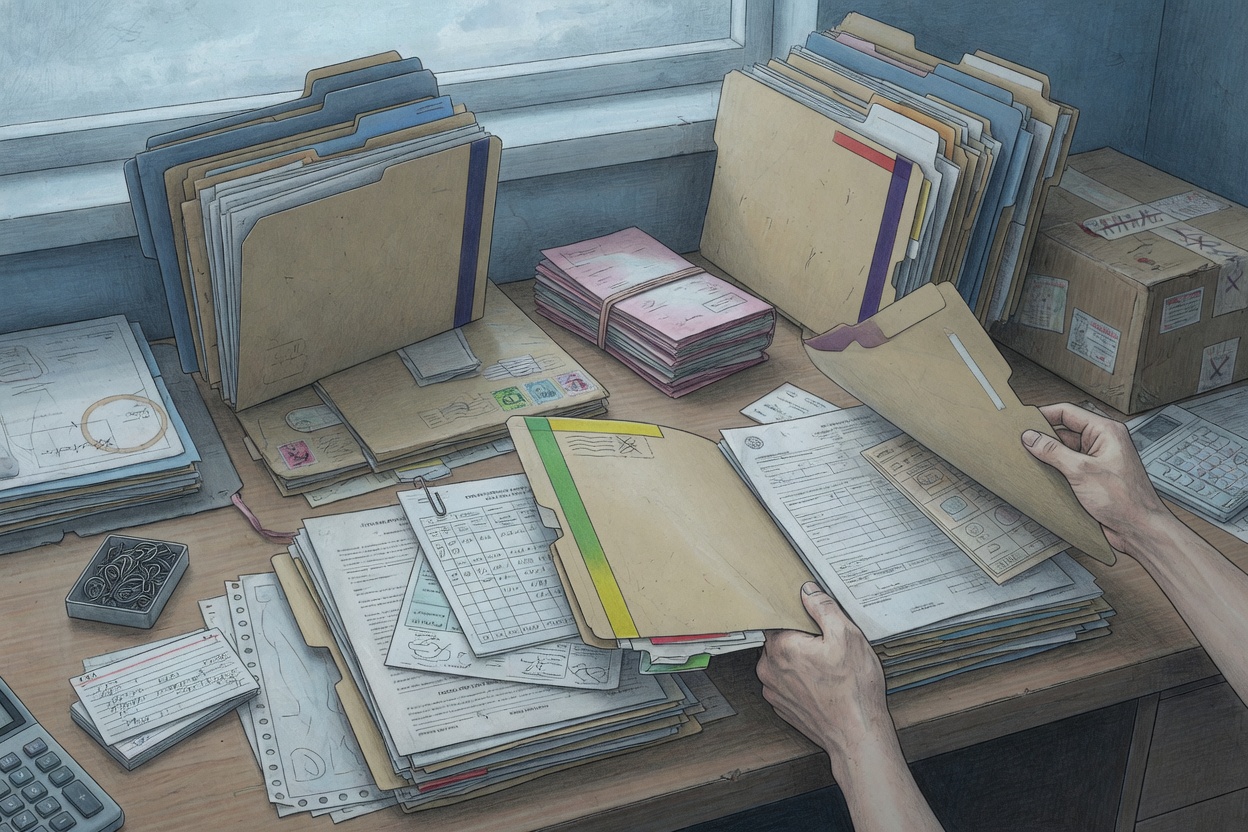 Hands sorting payroll documents from multiple countries