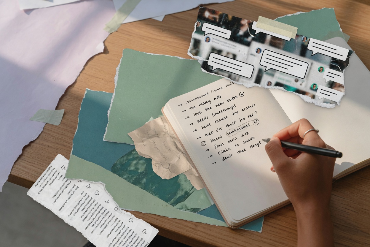 Hand writing feedback points in a notebook