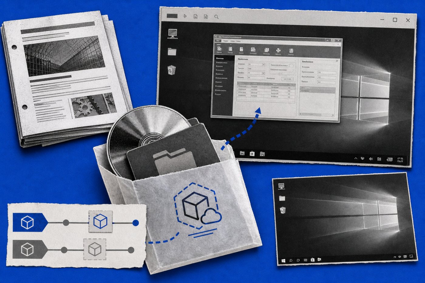 A Windows application is packaged separately from the base image, delivered to a virtual desktop and kept ready for rollback.