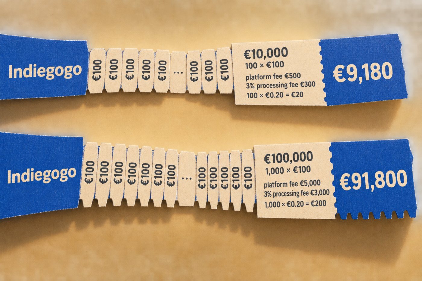 Az Indiegogo feltételezett 10 000 és 100 000 eurós kampányán a befizetések száma is alakítja a levonás utáni összeget.